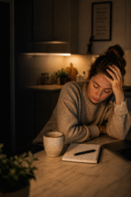 Woman sitting at a kitchen table with no motivation.