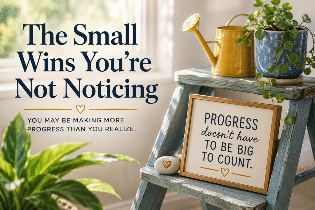 Small wins and progress represented by a plant, watering can, and reminder that progress doesn't have to be big to count.