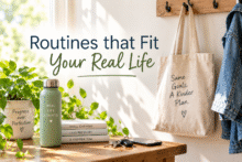 Everyday items by the door with the words ‘Routines that Fit Your Real Life,’ representing routines designed around daily life.