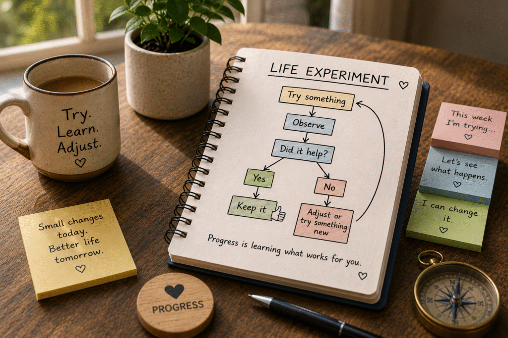 Life experiment flowchart showing how to try a small change, observe what happens, and adjust based on what works.