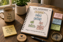 Life experiment flowchart showing how to try a small change, observe what happens, and adjust based on what works.