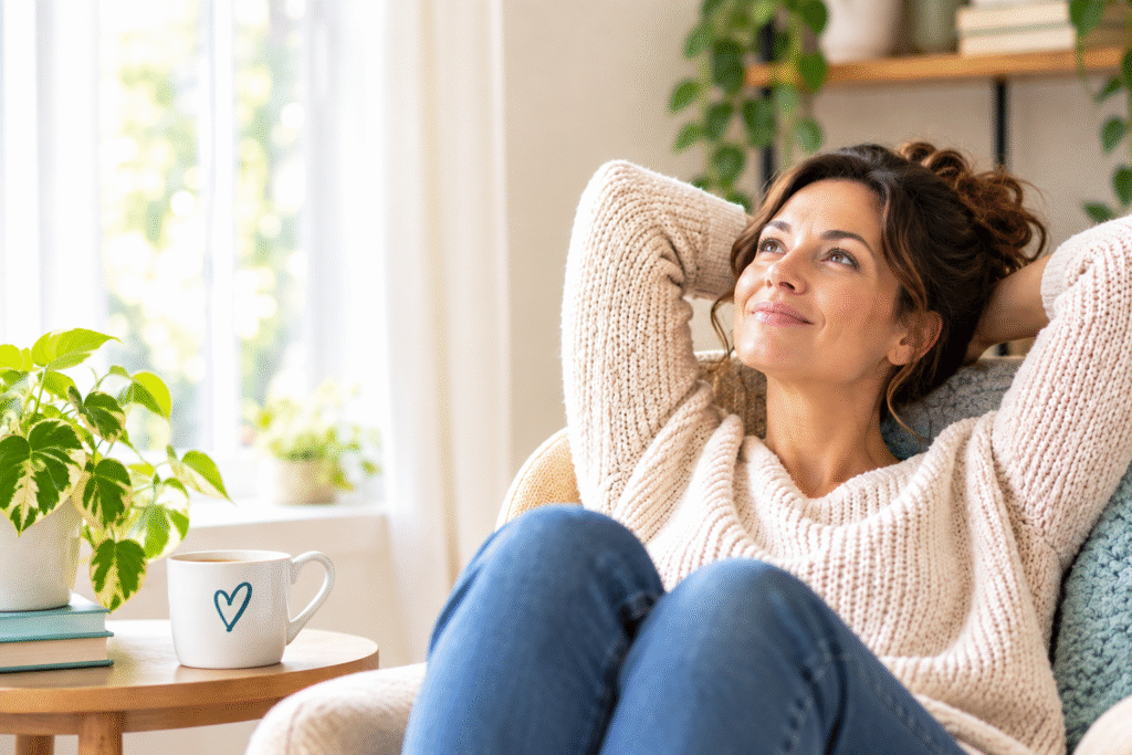 Woman relaxing comfortably in a sunny living room, enjoying a peaceful moment without feeling the need to be productive.